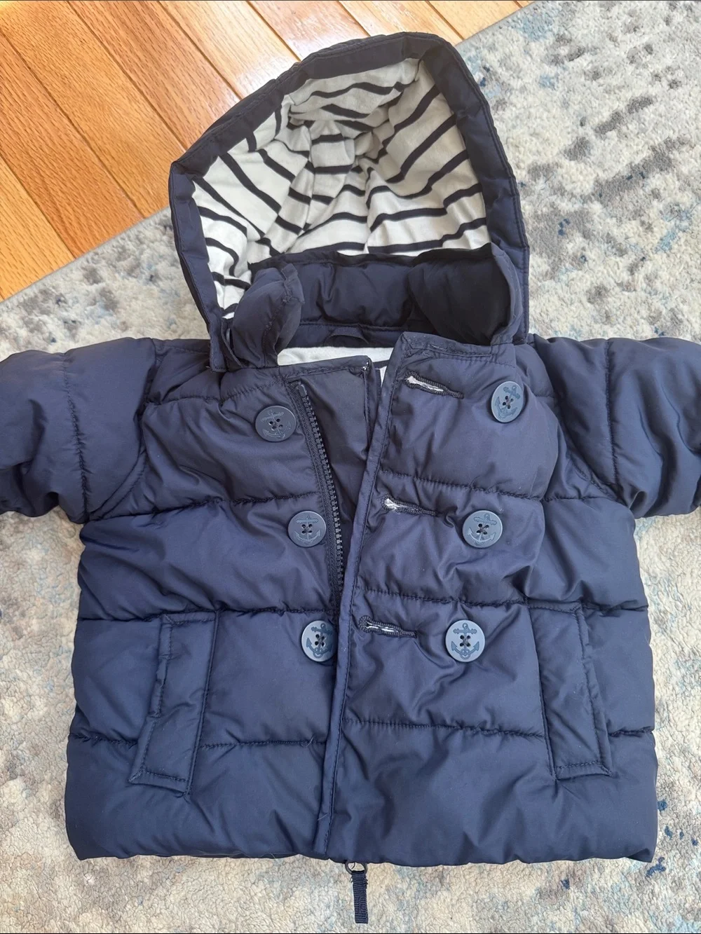 Baby GAP Navy Hooded Puffer Jacket with Striped Lining 6-12 months